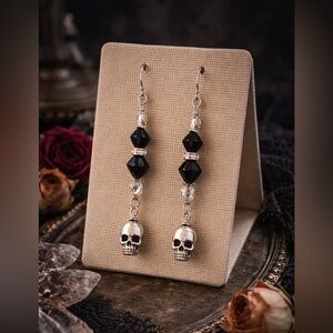 🖤 Petals & Poison Skull Dangle Earrings – Black Crystal & Silver Tone
